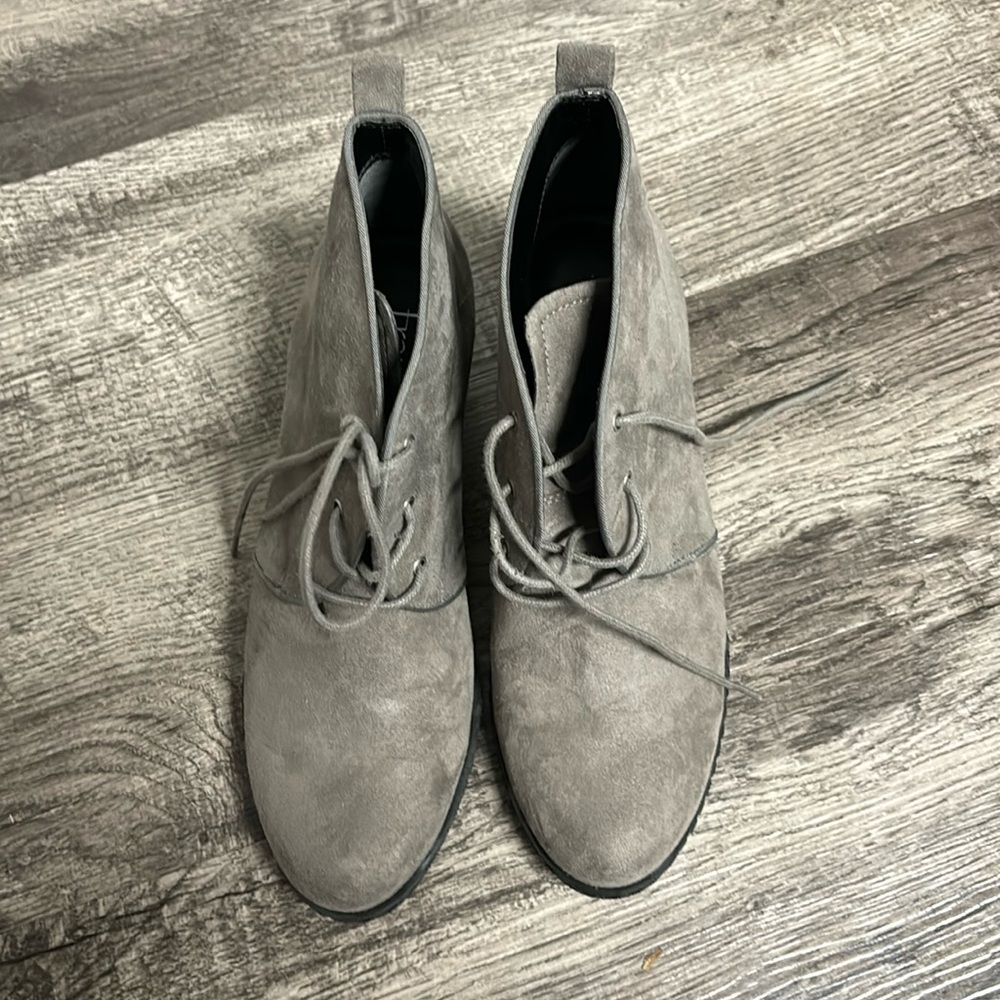 Gray Faux Suede with Black Rubber Base Wedge Booties Size 7.5